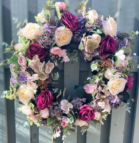 Luxury Raspberry Ripple Rose and Hydrangea Wreath